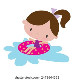 Cute little  girl  in the pool vector cartoon illustration