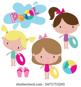 Cute little  girl  in the pool vector cartoon illustration