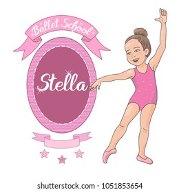 Cute little girl in pose of classical ballet. Can be used for logo or emblems of the ballet school, dance studio, invitations. Cartoon style.