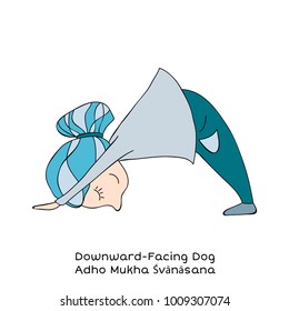 Cute little girl is practicing yoga. Kid in downward-facing dog pose. Cartoon Vector illustration