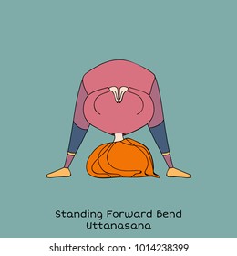 Cute little girl is practicing yoga. Kid in Standing forward bend with shoulder open pose. Cartoon Vector illustration