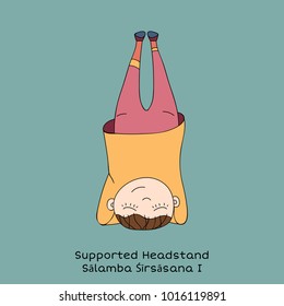 Cute Little Girl Is Practicing Yoga. Kid In Supported Headstand Pose. Cartoon Vector Illustration