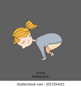 Cute little girl is practicing yoga. Kid in crow pose. Cartoon Vector illustration