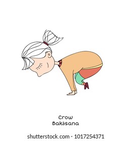 Cute little girl is practicing yoga. Kid in crow pose. Cartoon Vector illustration