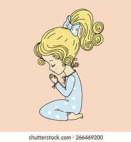 Cute little girl praying before going to bed. Vector illustration.