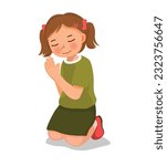 Cute little girl praying kneeling on her knee