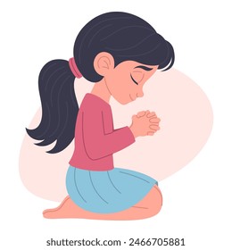 Cute little girl praying on her knees, hand drawn, vector illustration