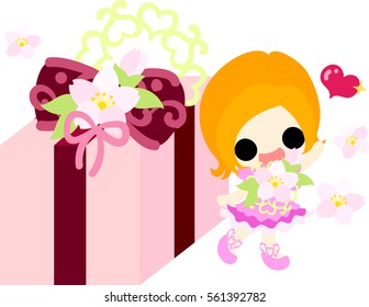 A cute little girl and a present of cherry blossom