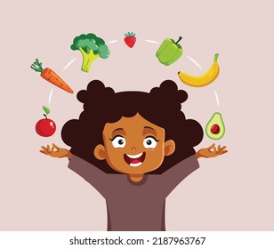 
Cute Little Girl Presenting Healthy Diet Options Vector Cartoon. Cheerful child presenting healthy eating options

