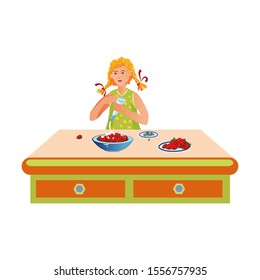 The cute little girl presses cream on a plate with strawberries. Vector illustration in flat cartoon style.