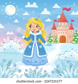 Cute kleine Mädchen und Prinzessin in einem blauen schönen Kleid auf einem Winterhintergrund eines Schlosses. Schneerasen. Vektorgrafik im Cartoon-Stil.