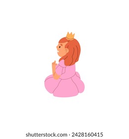 Cute little girl in princess costume sits on floor back view. Happy kid in crown smiles. Beautiful child with tiara, in dress fun. Children party. Flat isolated vector illustration on white background