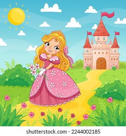 Cute little girl and princess in a pink beautiful dress stand on a background of a castle in a green meadow. Vector illustration in a cartoon style.