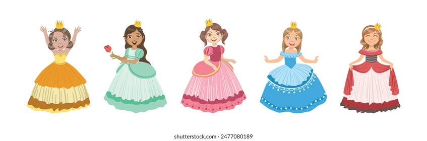 Cute Little Girl Princess in Pretty Dress with Crown on Head Vector Set