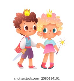 Cute little girl princess and prince boy, children dressed in costumes holding hands. Happy kids playing fairy tale, isolated cartoon characters. Vector magical characters illustration for children