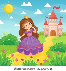 Cute little girl and princess in a purple beautiful dress stand on a background of a castle in a green meadow. Vector illustration in a cartoon style.