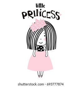 Cute little girl print. Girl ballerina with pink glitter crown. Great for kids apparel, nursery decoration. Vector Illustration