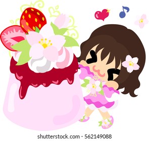 A cute little girl and a pudding of cherry blossom