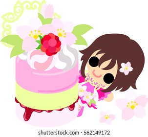 A cute little girl and a pudding of cherry blossom