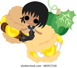 A cute little girl and the puff of pumpkin