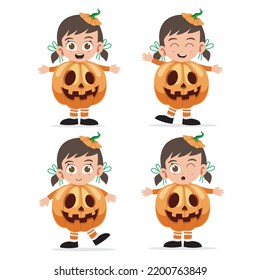 Cute little girl with pumpkin costume character vector set