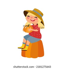 Cute little girl with pumpkins. Happy female kid in hat sitting on top of huge gourd. Cartoon child, funny farmer with harvest. Hand drawn vector illustration isolated on white. Flat design 