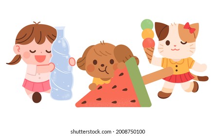 A cute little girl, Puppy, and a kitten are eating ice cream together. Summer children concept vector illustration.