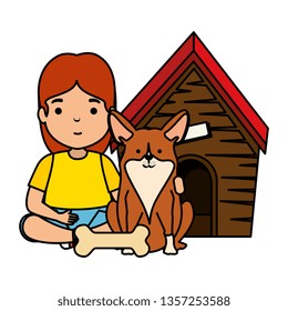 cute little girl with puppy and wooden house
