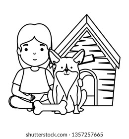 cute little girl with puppy and wooden house