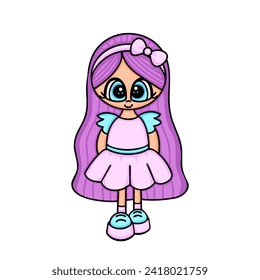 Cute little girl with purple hair, princess, baby doll. Vector Illustration for backgrounds and packaging. Image can be used for greeting cards, posters and stickers. Isolated on white background.