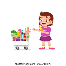 cute little girl push shopping cart full of groceries