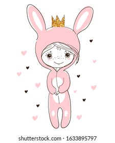 Cute little girl in a rabbit costume. Easter bunny. Little princess in a carnival costume. Doodle vector illustration isolated on white