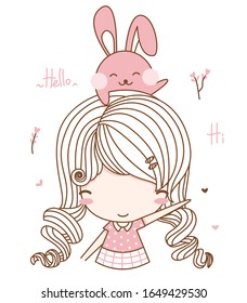 Cute little girl with rabbit on head. Young girl say hi. Isolate with white background. Vector illustration. Girl character design.Use for print design, fashion kids wear, greeting card.