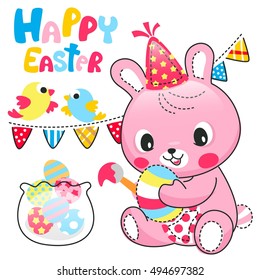 Cute little girl rabbit painting easter eggs with little birds isolated on white background illustration vector.