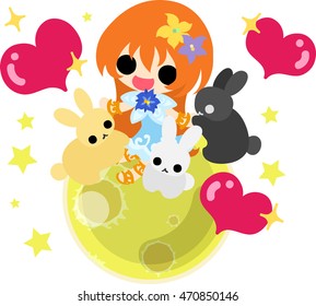 A cute little girl and rabbits on the moon