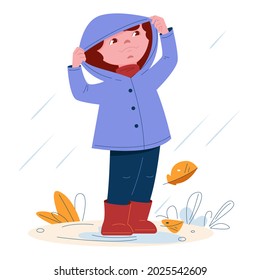 Cute little girl in a raincoat with a hood in rubber boots in the rain. Vector illustration in cartoon style.