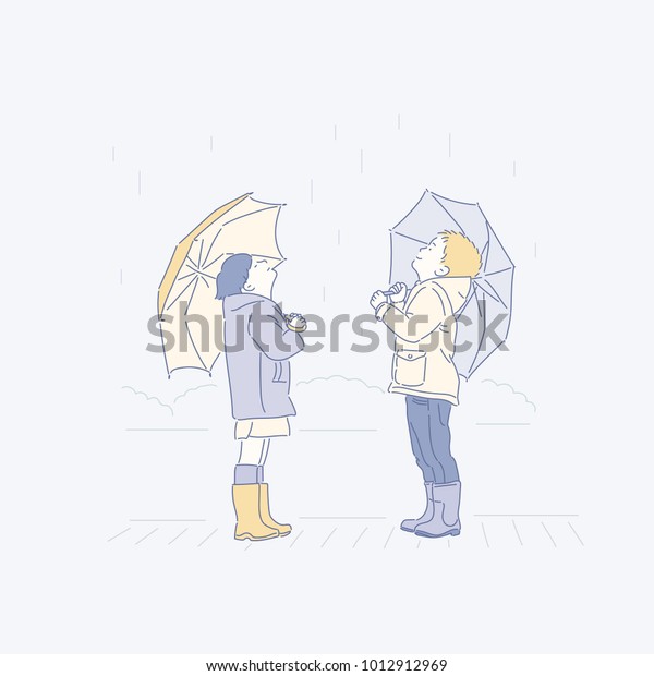 雨の日にかわいい女の子 手描きのスタイルのベクター画像落書きデザインイラスト のベクター画像素材 ロイヤリティフリー