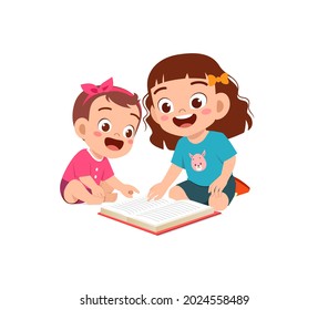 Cute Little Girl Read Book With Baby Sister Sibling Together