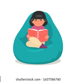 Cute Little Girl Reading Book In Bean Bag. Child Sitting In Comfortable Armchair. Education Vector Illustration Isolated On White Background. 
