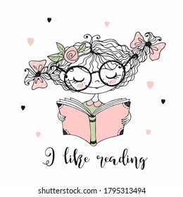 A cute little girl is reading a book. I like to read. Doodle style. Vector