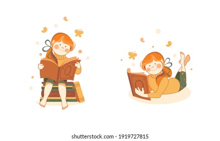 Cute little girl reading a book.  Cute little girl reading a book. Child development. Education.