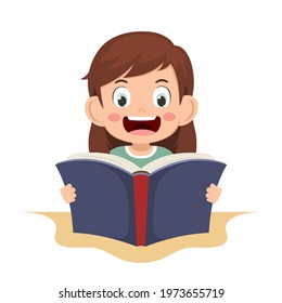 Cute little girl reading book for learning. clever kid. children happy smile when reading textbook. character cartoon child vector illustration for education and study.