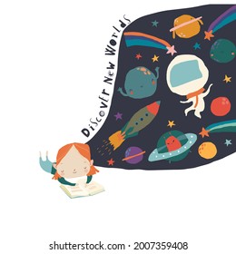 Cute Little Girl reading Book and dreaming about Space