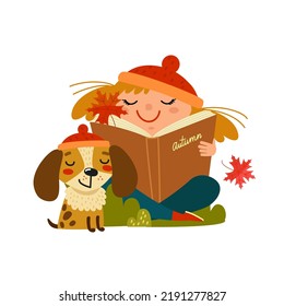 Cute little girl reading book with her dog in autumn. Funny female kid and her puppy. Happy cartoon child and pet has a rest outside. Hand drawn vector illustration isolated on white. Flat design 