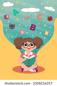 A cute little girl is reading a book and dreaming. Vertor illustration in cartoon style.	