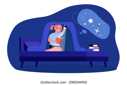Cute little girl reading books in bed under blanket. Child reading about space with flashlight at night flat vector illustration. Leisure, bedtime concept for banner, website design or landing page