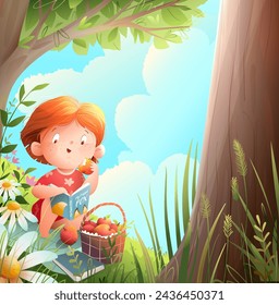 Cute little girl reading books or study sitting on picnic blanket under the tree with a basket of apples. Summer or spring cartoon scenery. Landscape vector illustration for kids story.