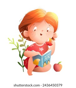 Cute little girl reading books or study sitting in nature, isolated clip art. Summer or spring cartoon for children girl reading a book and eating apples. Vector clip art illustration for kids story.