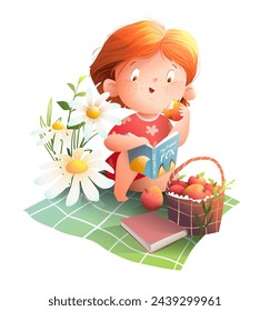 Cute little girl reading books or study sitting on picnic blanket with a basket of apples. Summer or spring cartoon for children girl reading books. Vector clip art illustration for kids story.