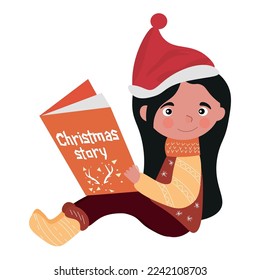 Cute little girl reading Christmas story white background